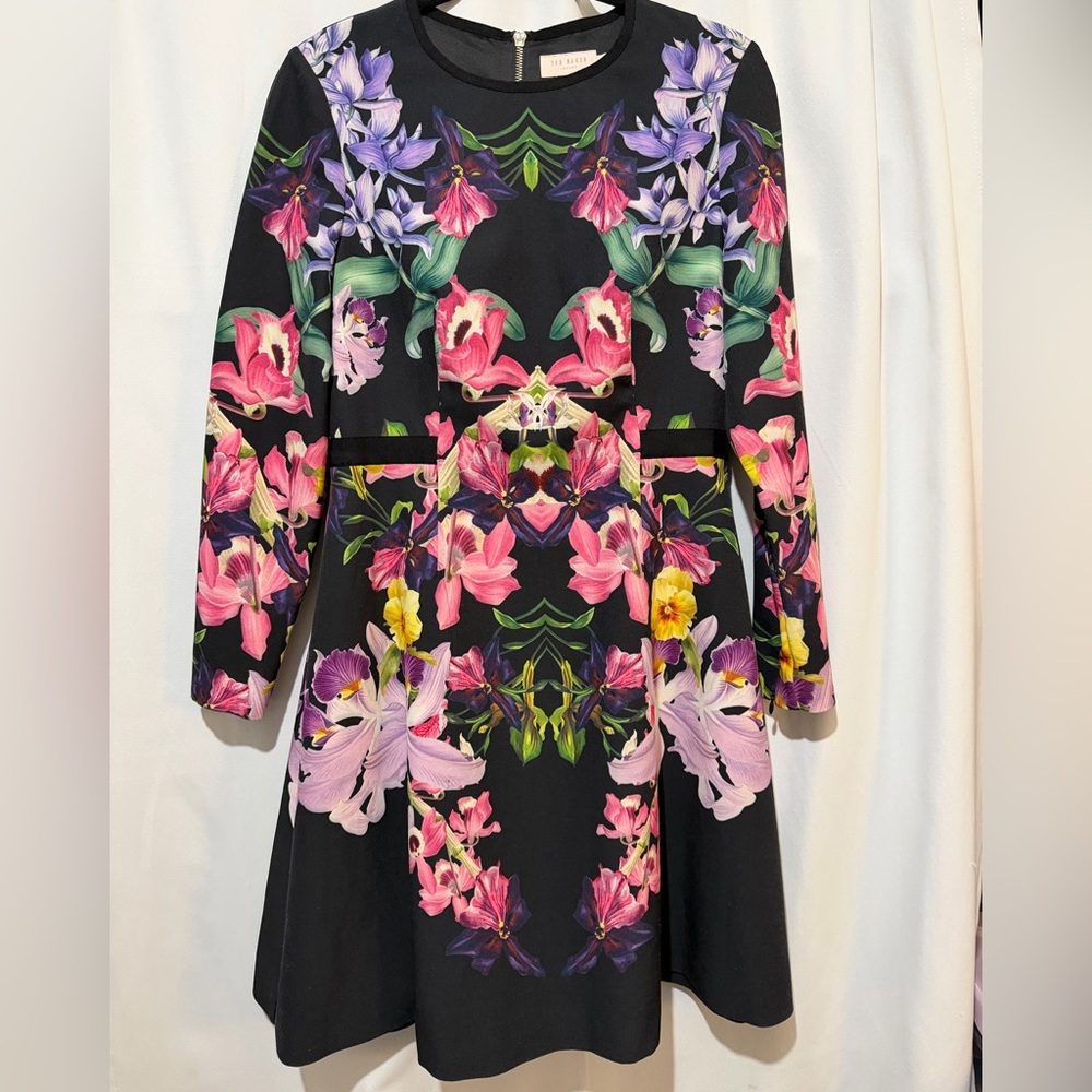 Ted Baker London Toona Floral Long Sleeve Fit & Flare Dress Size 3 US 8 Pockets